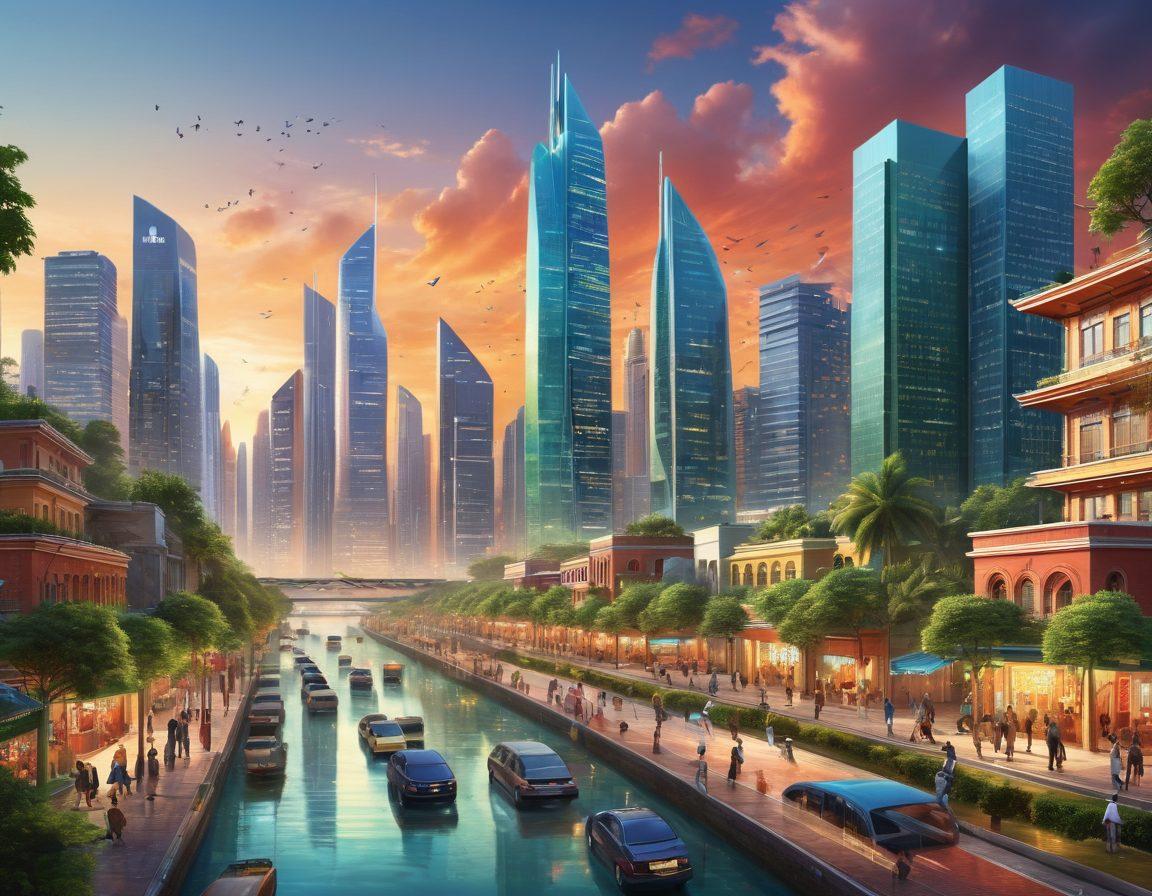 A vibrant illustration of a South Asian city skyline blended with digital elements like binary code and insurance icons. Show diverse people discussing insurance policies while using digital devices, balanced against traditional elements symbolizing heritage and culture. Incorporate lush greenery and modern architecture, highlighting connectivity and protection. super-realistic. vibrant colors. 3D.
