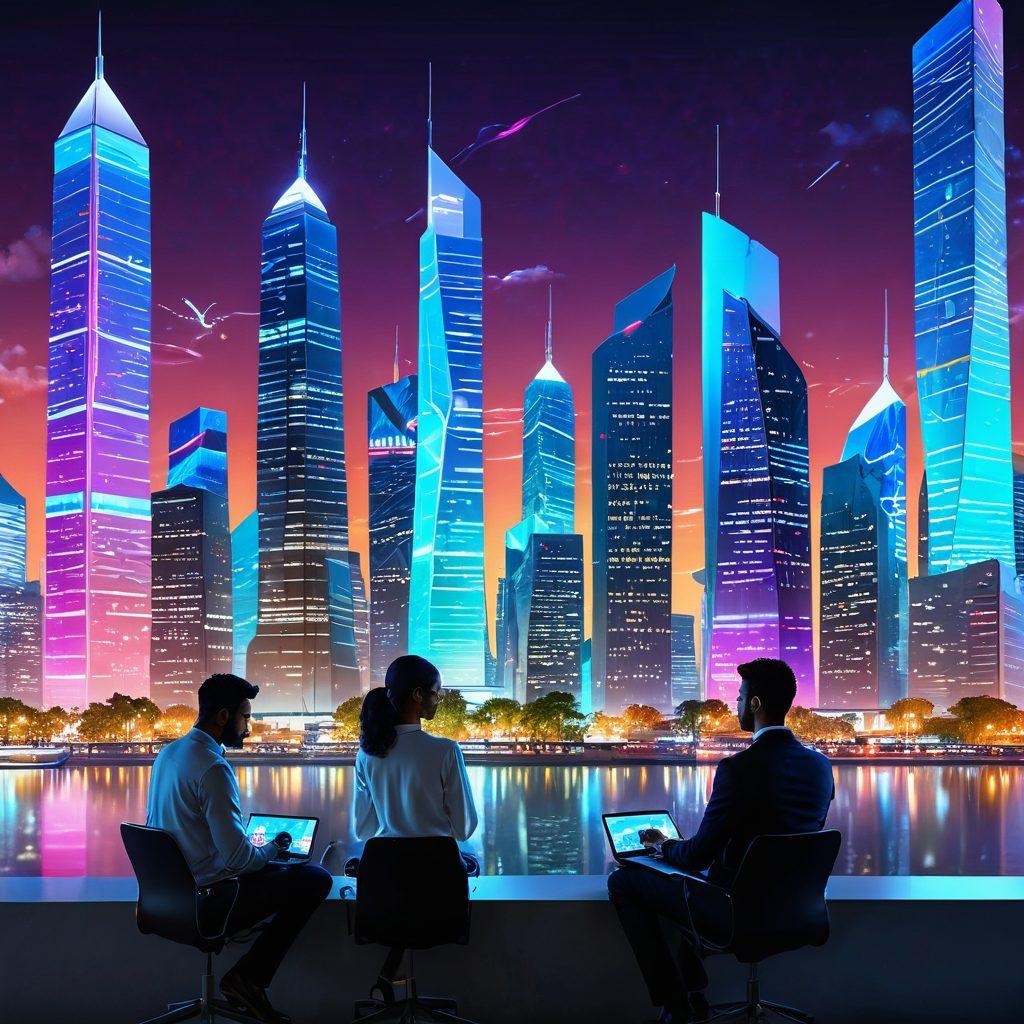 A futuristic city skyline where technology and insurance meet, featuring diverse South Asian individuals interacting with digital devices, showcasing smart insurance policies. The scene emphasizes safety and empowerment, with holographic displays of insurance data and policy options. Bright, vibrant colors represent hope and innovation amidst a modern digital landscape. super-realistic. vibrant colors. 3D.