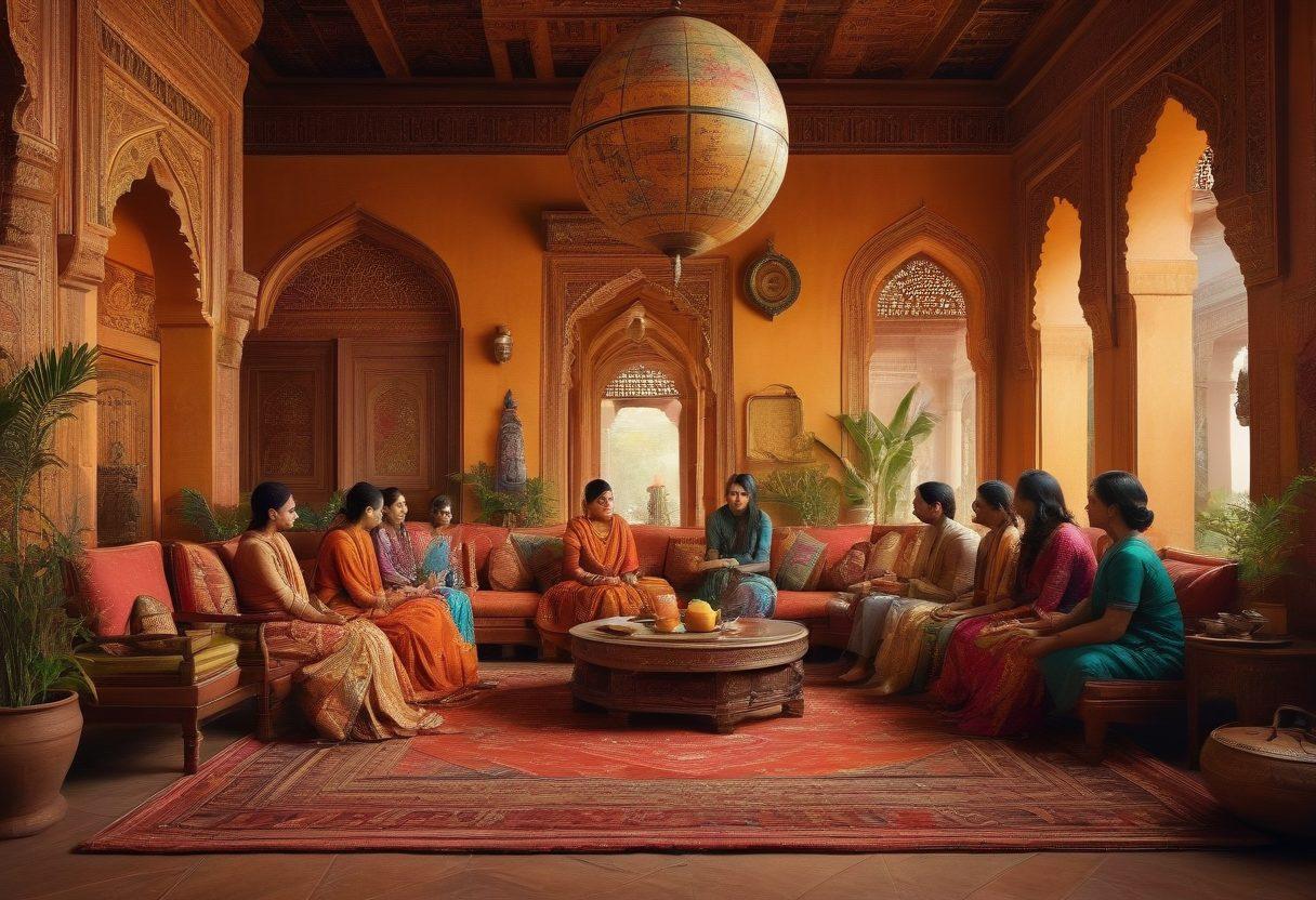 A visually striking collage featuring traditional South Asian elements such as intricate textiles, ornate architecture, and a warm family gathering to symbolize intimacy. Overlay this with subtle imagery of insurance documents and a globe to reflect global insurance perspectives. Include diverse cultural motifs and symbols representing South Asian values. The background should blend warm earthy tones with vibrant colors to enhance emotional connection. super-realistic. vibrant colors. 3D.